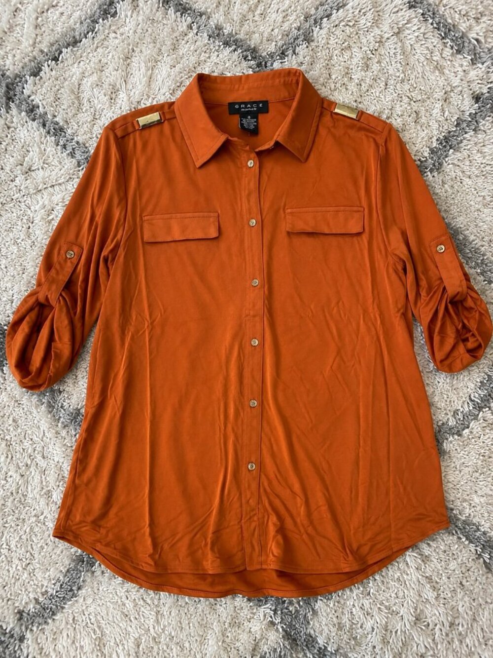 Grace Rust Satin Button Down Top Size XS NWT Classic Collared Blouse - Picture 4 of 6
